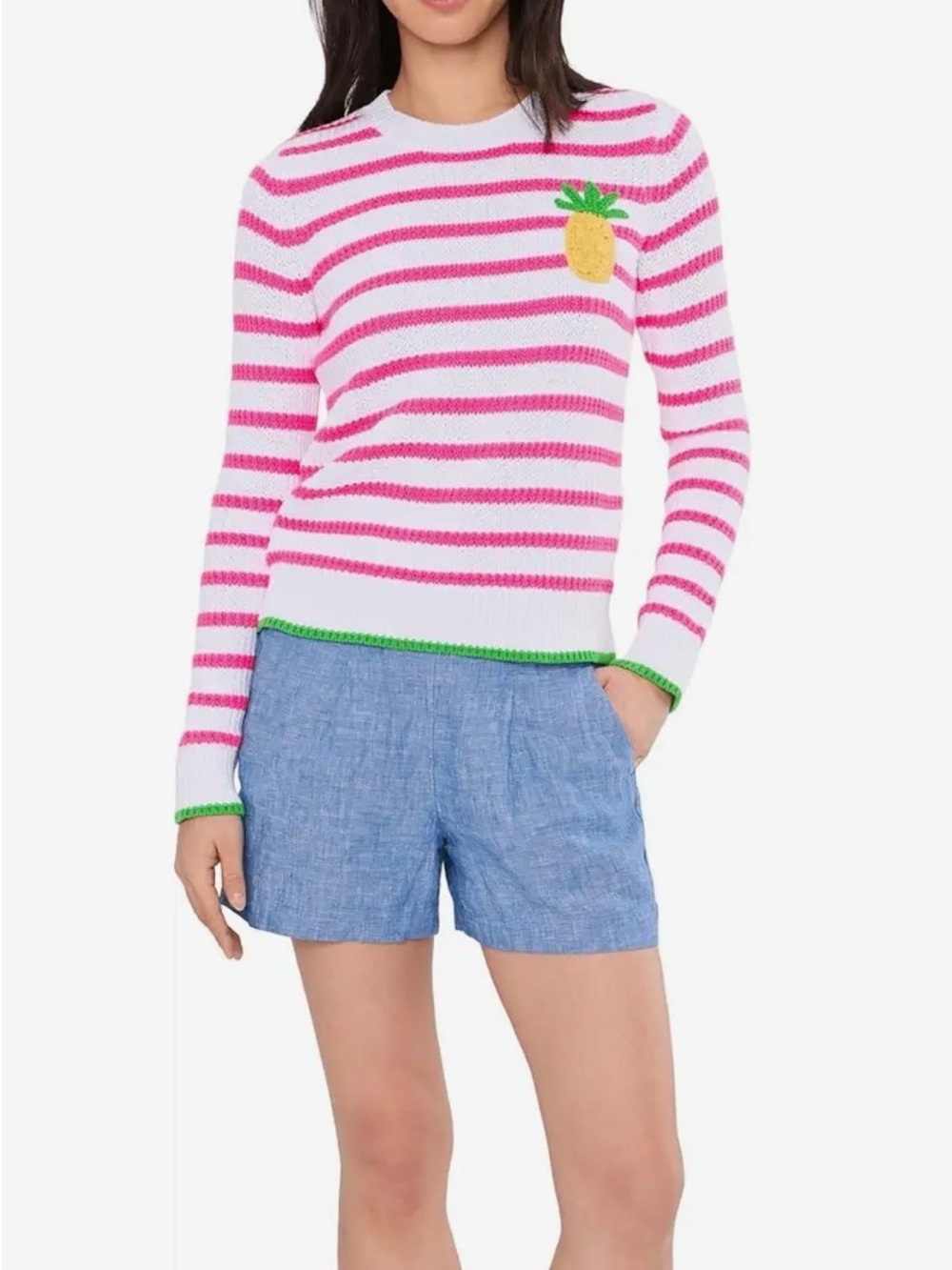 Lilly Pulitzer Jovienne Striped Pineapple Sweater White Pink Size XL Like New